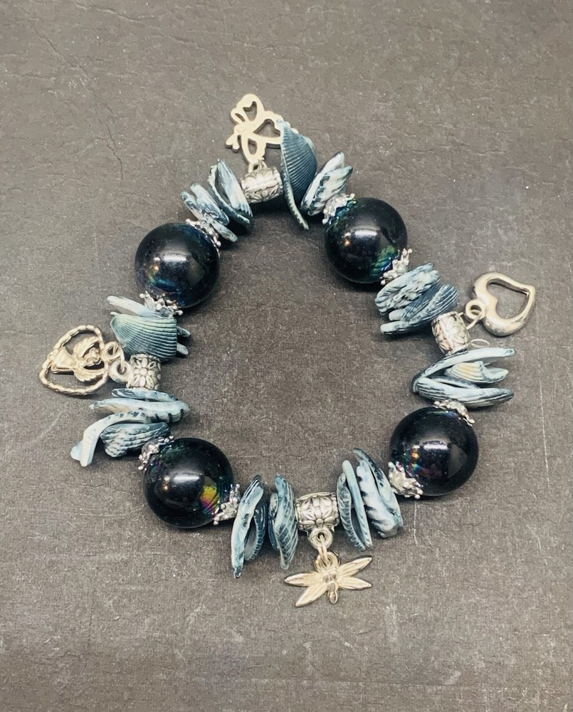 Handcrafted stretchy beaded shell charm bracelet
