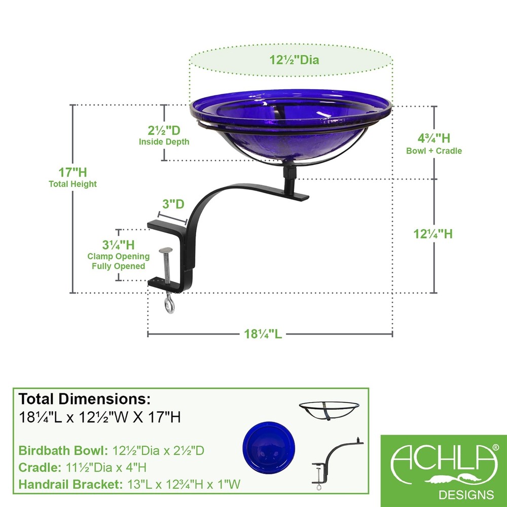 12" Cobalt Blue Crackle Birdbath- Rail Mount Bracket