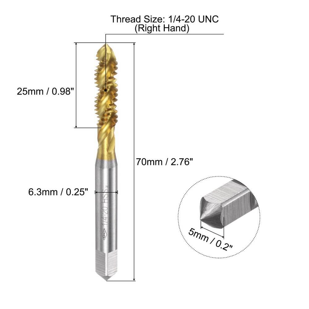 3pcs Spiral Flute Thread Taps 1/4-20 UNC H2 Ti-Coated Screw Threading Tapping