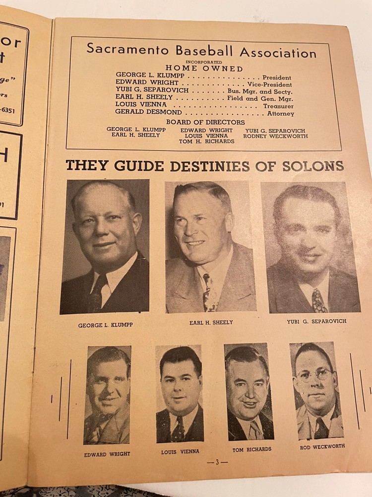 1945 Pacific Coast League Solons Baseball Program Doubleday Park Sacramento Ca