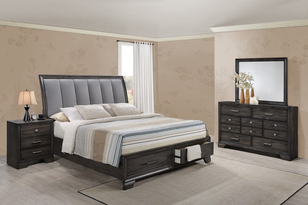 4Pc Queen Size Platform Storage Footboard Bed Set Dark Gray Finish Solid Wood