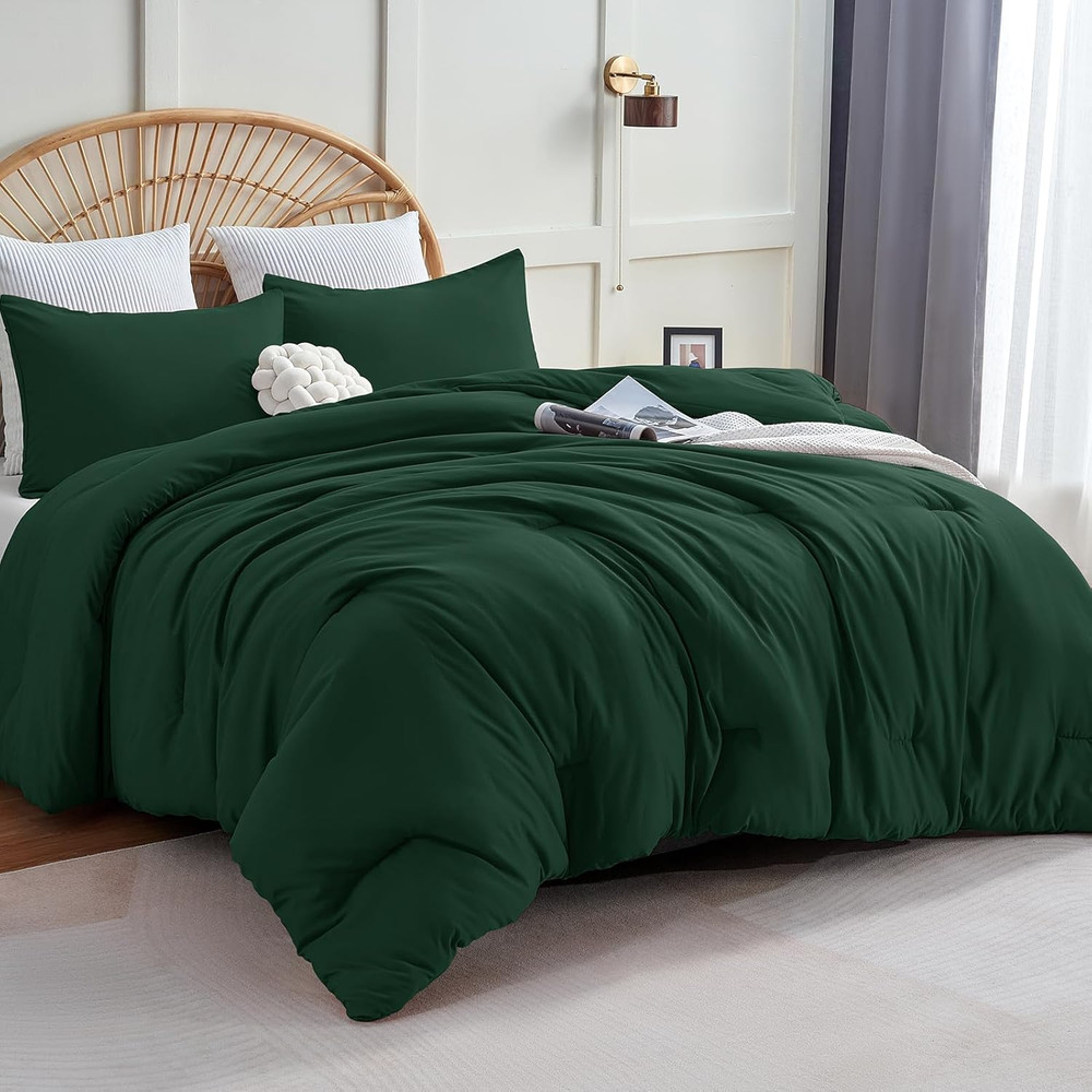 Dark Emerald Green Full Size Comforter Set, 3 Pieces Solid Breathable Quilted Be
