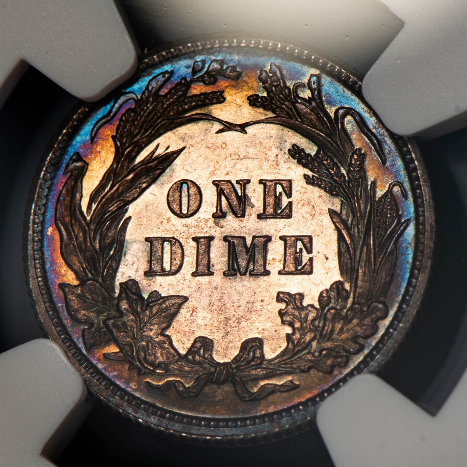 1901 10c Silver Barber Dime Proof Coin - Rainbow Rim Toning - NGC PF 62 - B5636