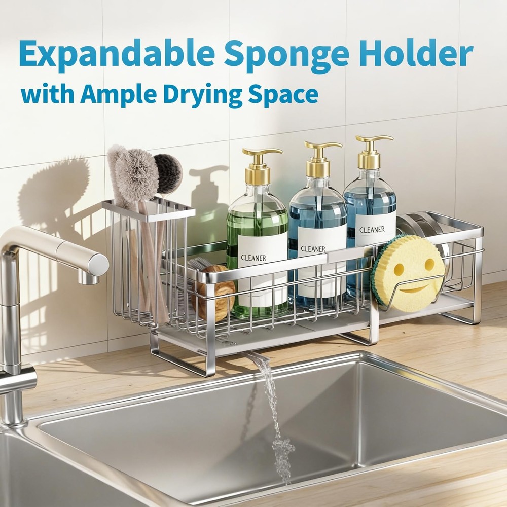 Aurblozen Extra Large Extendable Sponge Holder for Kitchen Sink, Rustproof Si...