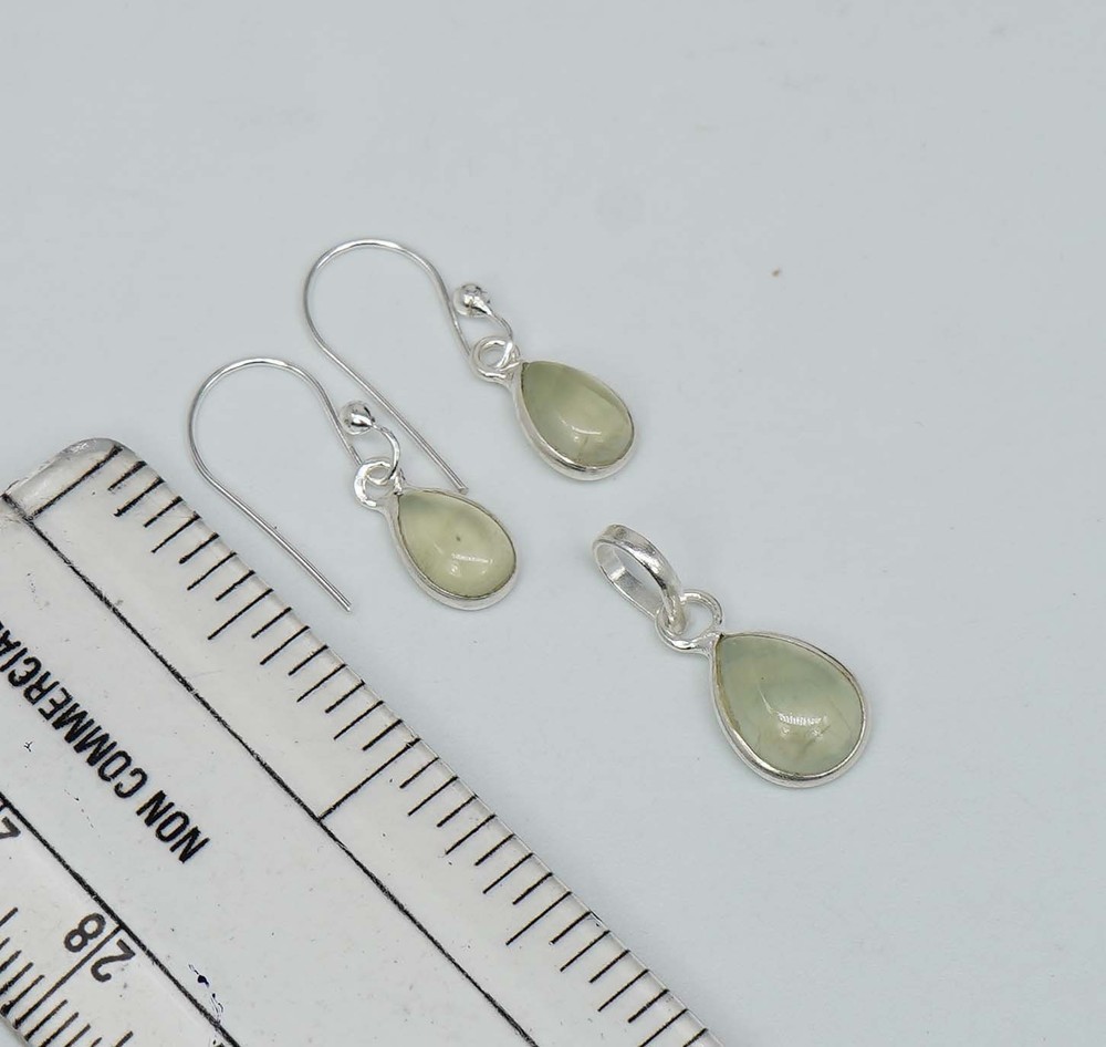 925 Solid Sterling Silver Green Prehnite Hook Earring Pendant Set