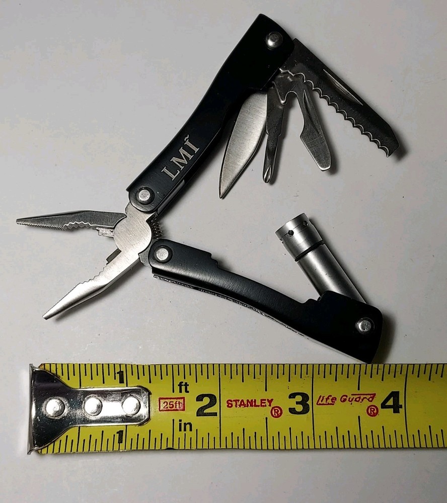 Black Mini Multi Tool with initials LMI + Nylon Pouch - Pliers, Blade