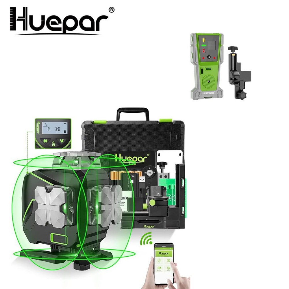 Huepar 4D Laser Self-Leveling Laser Level & LCD Screen Remote Control+Receiver