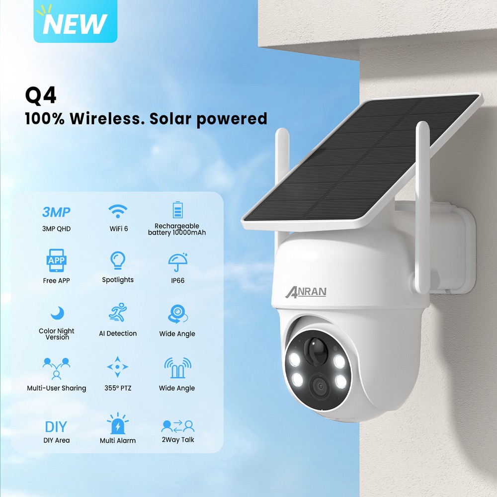 ANRAN Solar-Powered PTZ Wireless Security Camera with Solar Panel 2K Outdoor Use