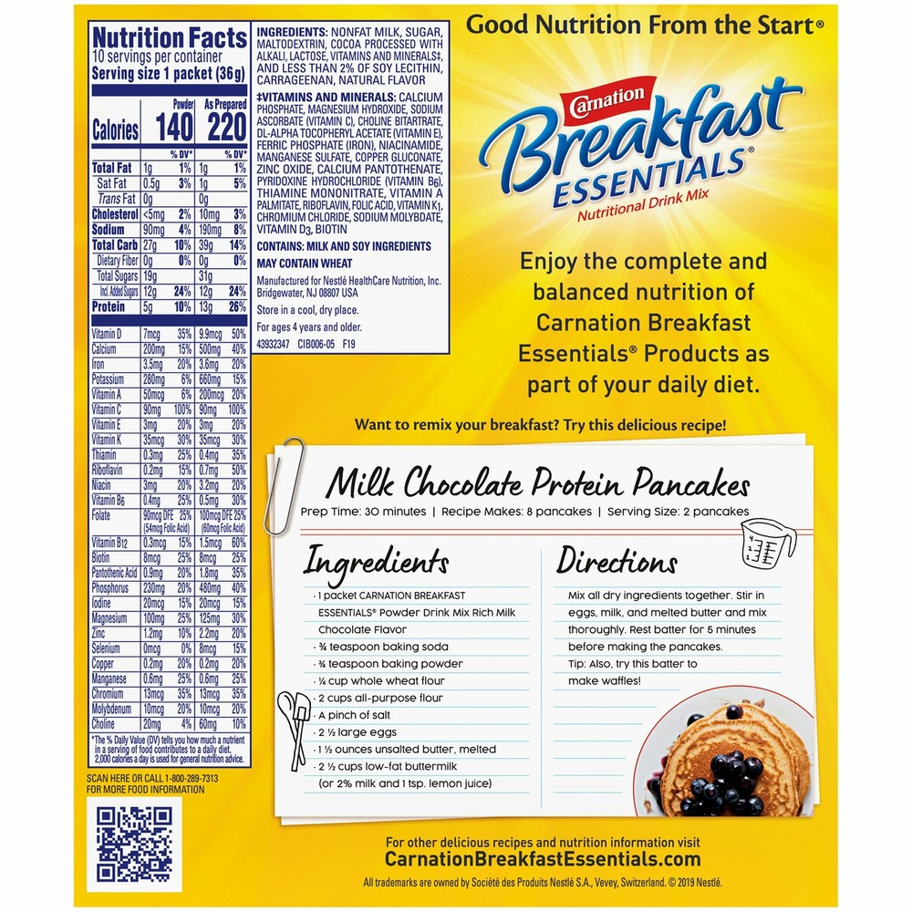 Nestle Carnation Breakfast Essentials Complete Nutritional Drink Chocolate 60 Ct