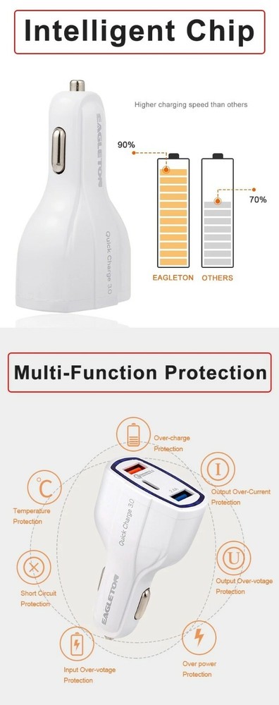 QC 3.0 Car Super Fast Charger 2x USB 1x USB-C Power Adapter Cigar Lighter Socket