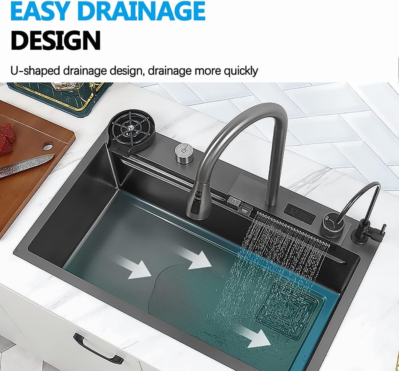 33x22 IN Flying Rain Stainless Steel Waterfall Kitchen Sink Digital Faucet Black