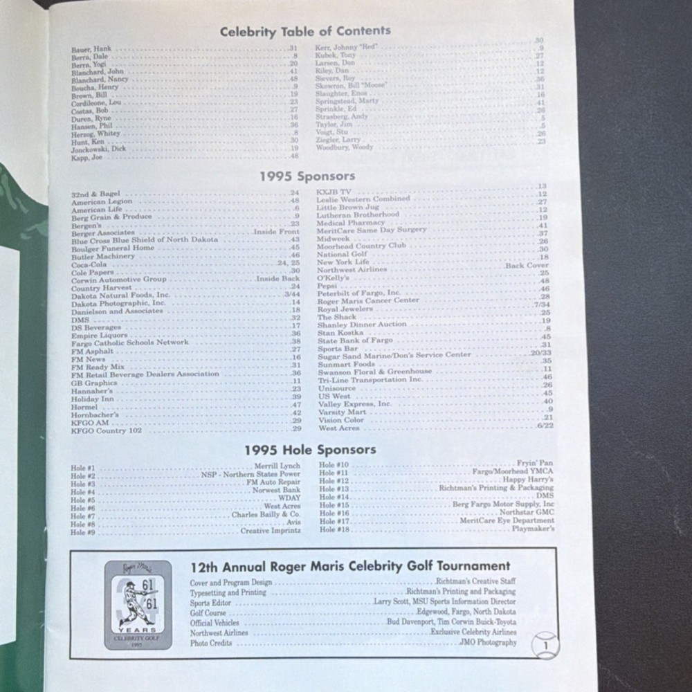 Roger Maris 1995 Celebrity Benefit Golf Tournament Autographed Program