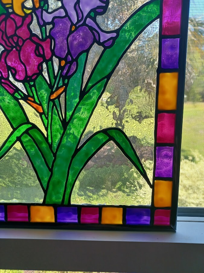 Irises Stained Glass Window Panel Hand Painted