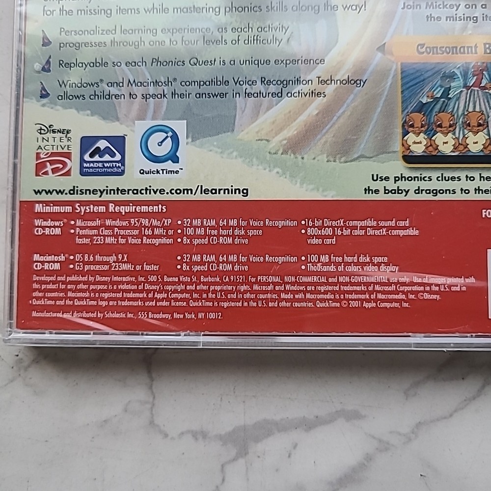 Disney Scholastic Phonics Quest Age 5-8 Windows Mac Interactive Learning NEW CD