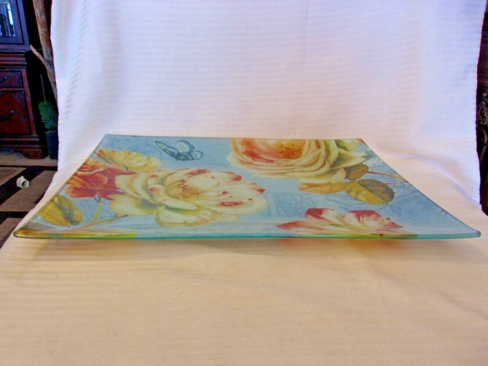 Rectangular Glass Platter and Dip Bowl Floral Pattern by Lisa Audit
