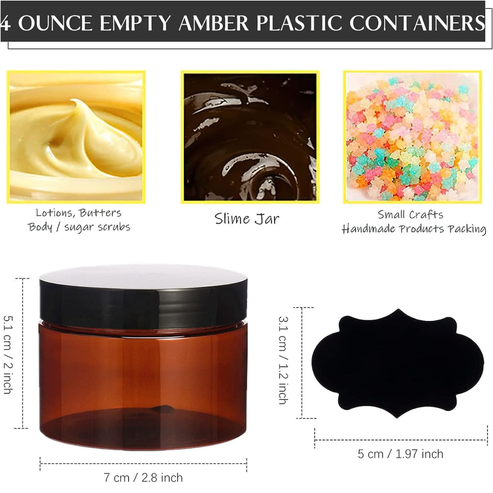 12 Pack 4oz Plastic Jars With Lids And Labels, Amber Plastic Jars Refillable