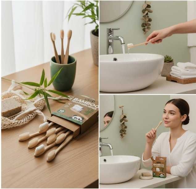 Bamboo Toothbrushes 10 Pack Biodegradable Soft Medium Charcoal Bristles