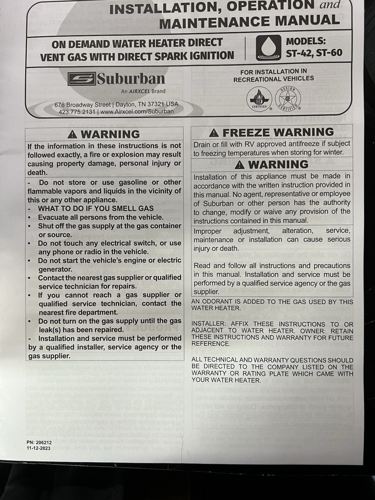 RV Suburban ST-60 Tankless Water Heater 60,000 BTU Water Heater