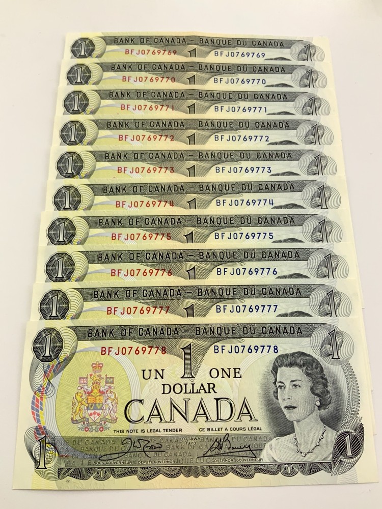 One 1973 Canada 1 Dollar Banknote Order Multiple for Consecutive JJ751