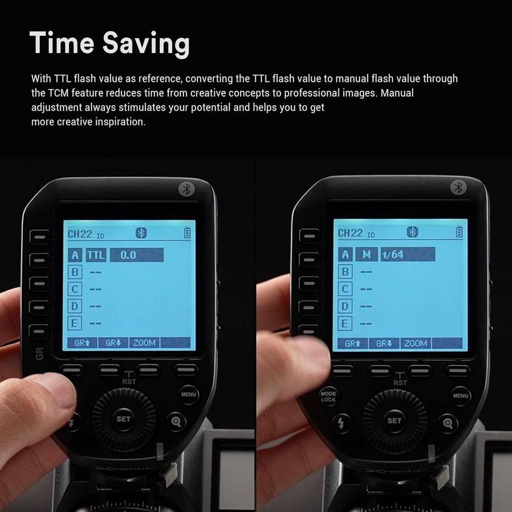 Wireless Flash Trigger for Nikon Cameras with TCM Bluetooth Hotshoe Locking LCD