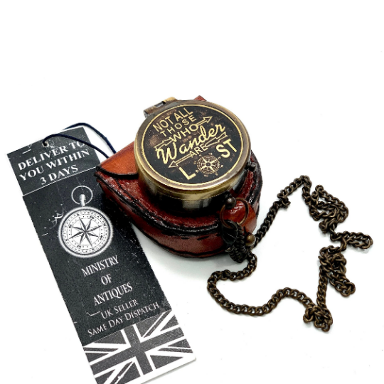 ENGRAVED POCKET COMPASS & KEYCHAIN NAUTICAL HANDMADE COMPASS & LEATHER POUCH