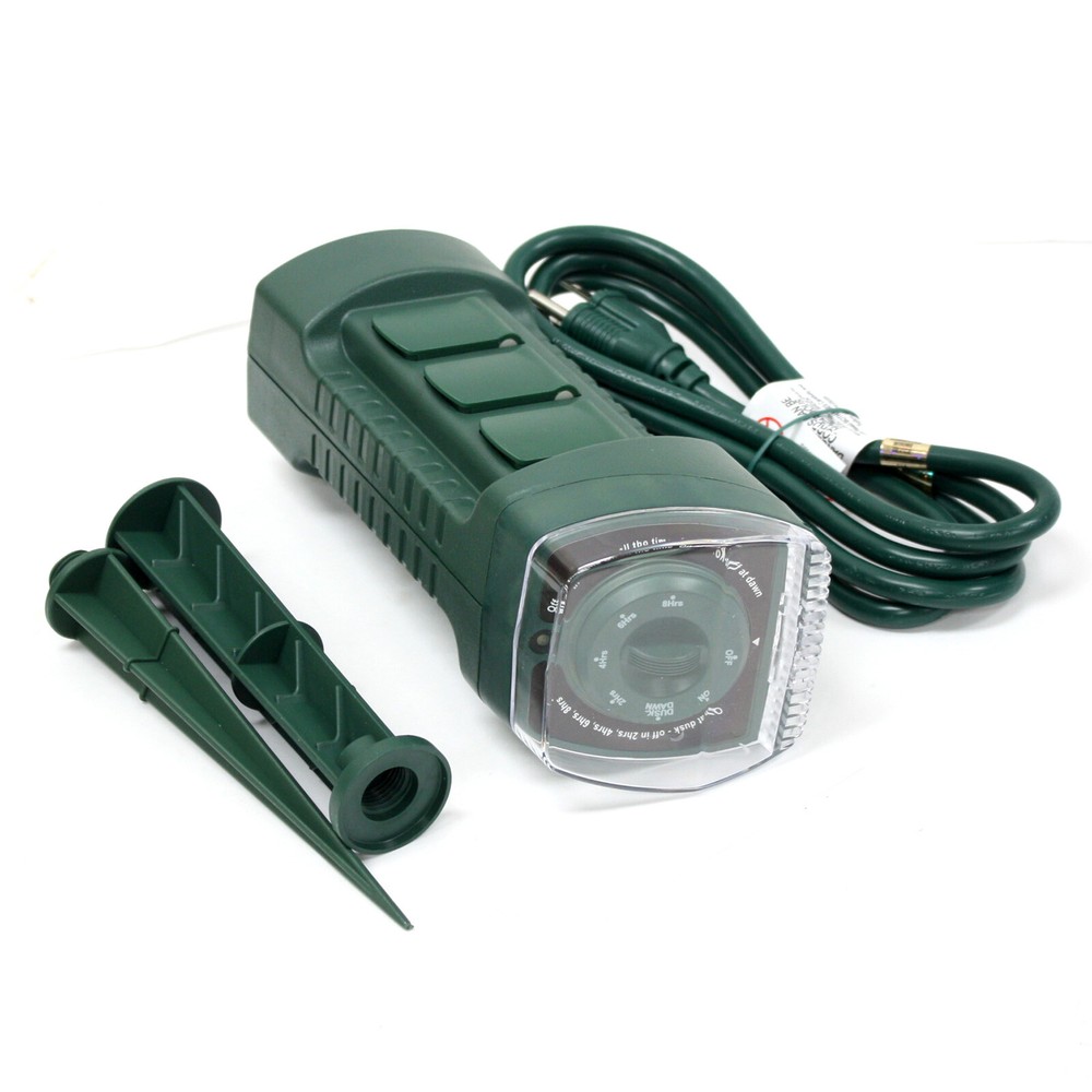 6 Outlet Outdoor Yard Grounded Power Stake Timer DawnDust Light Sensor UL LISTED