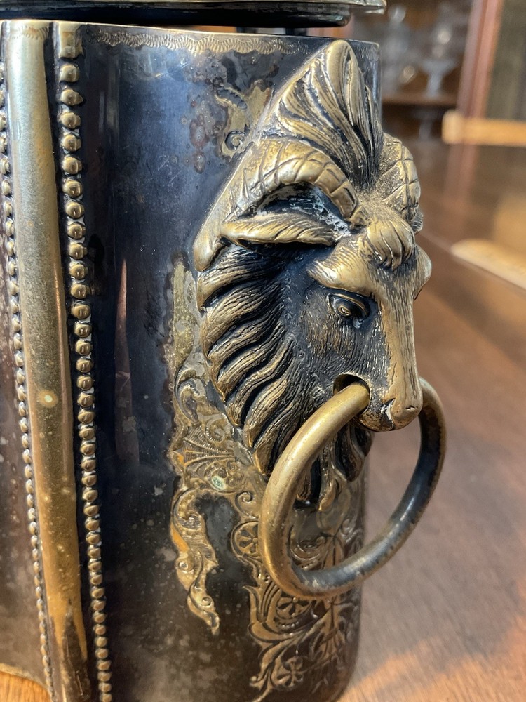 Antique Victorian Silverplate Silver Biscuit Tin / Tea Caddy Rams Head Etched