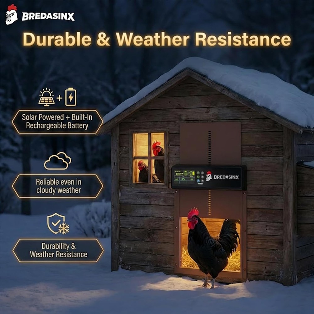 Automatic Chicken Coop Door Solar Powered with HD Screen, Timer & Light Sensor,