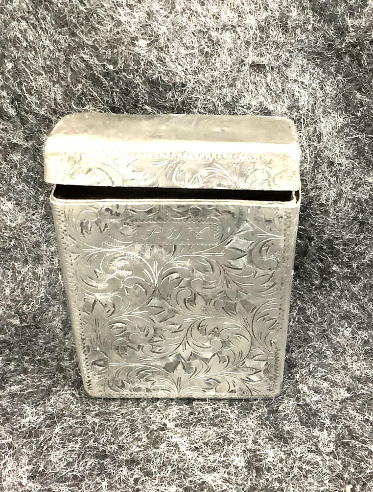 CIGARETTE CASE, ANTIQUE 950 SILVER CARVED/ENGRAVED CASE, (PUSH BUTTON OPENING)