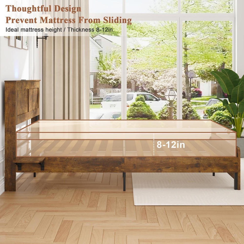 1200 Heavy-Duty Rustic Bed Frame with Blue LED Headboard, Foldable Side Tables &