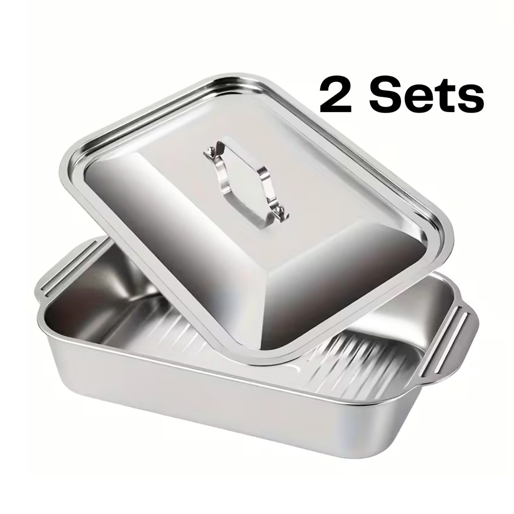 2 Sets Multi-Purpose Stainless Steel Trays with Lids for Kitchen & Cooking
