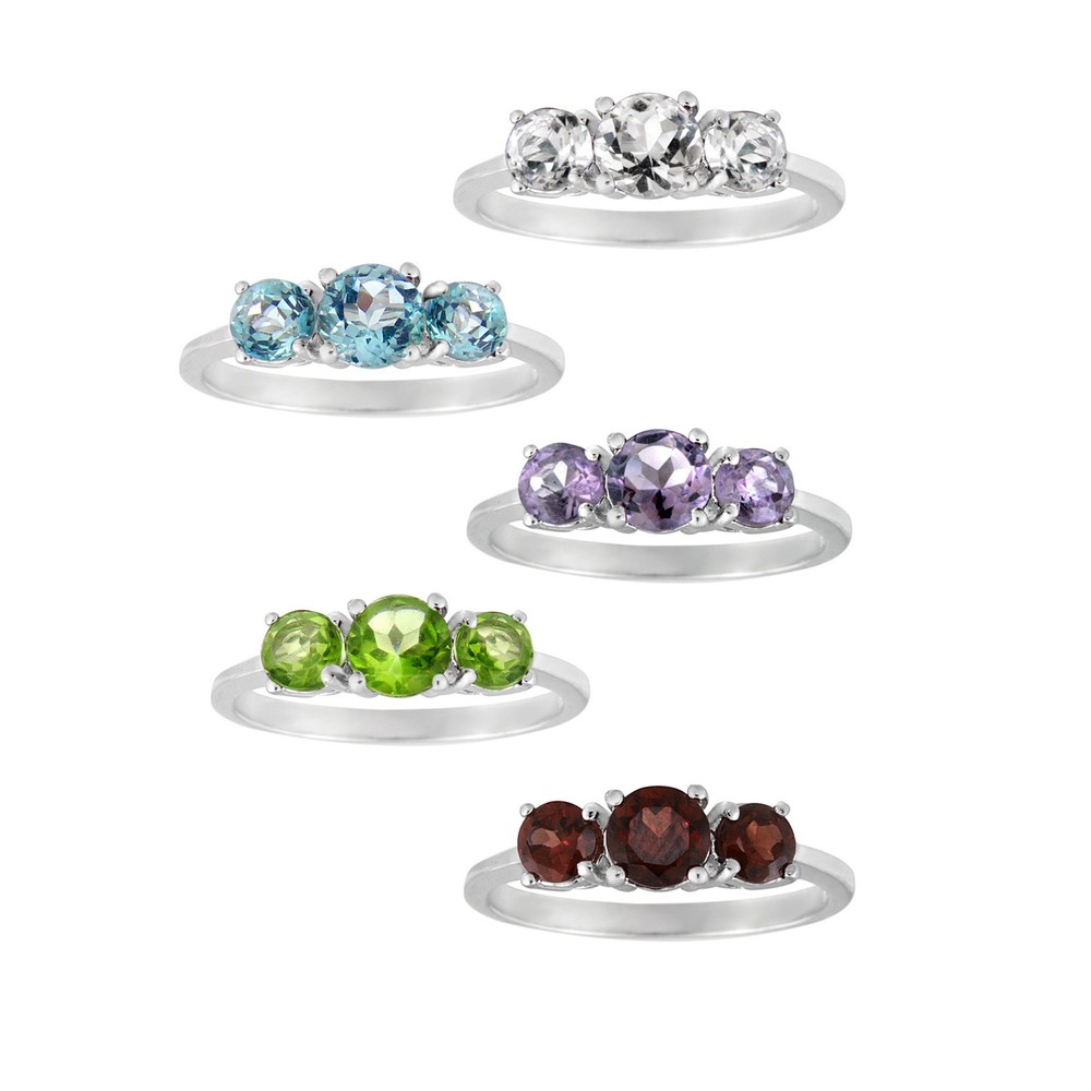 925 Silver 3-Stone Past Present Future Gemstone Ring - 5 Colors