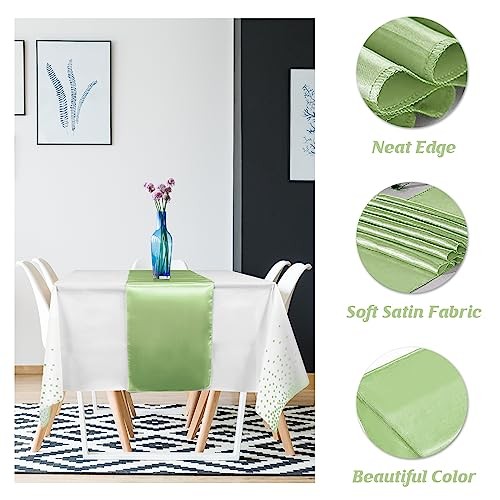 16Pack Plastic Tablecloths and Satin Table Runner Set 16 Pack White and Green