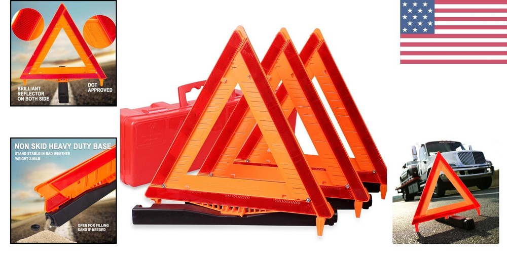 Reflective Emergency Triangle Kit 3-Pack - Easy Setup, High Visibility, Durable