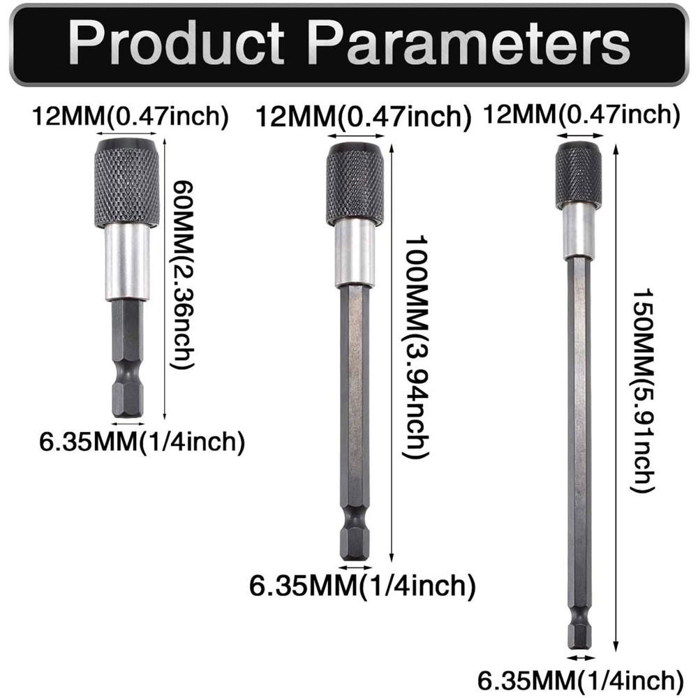 3pc Screwdriver Extension Drill Bit Holder Quick Release 1/4 Hex Shank Magnetic