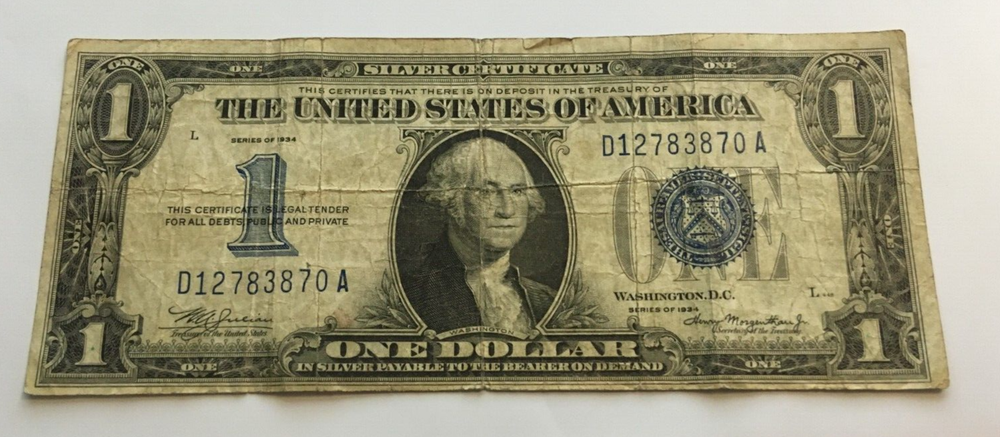 1934 $1 One Dollar Silver Certificate FUNNY BACK