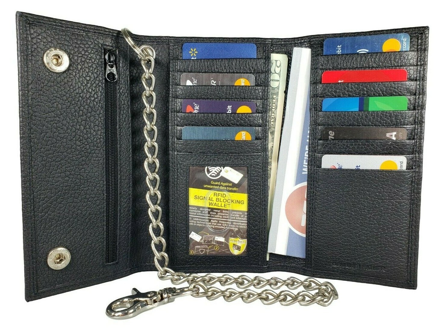 Black Leather Trifold Chain Motorcycle Biker Trucker Long Wallet With Belt Hook
