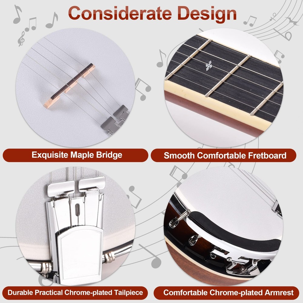 Mulucky 5 String Banjo - Full Size with 24 Brackets, Closed Back, Mahogany, G...