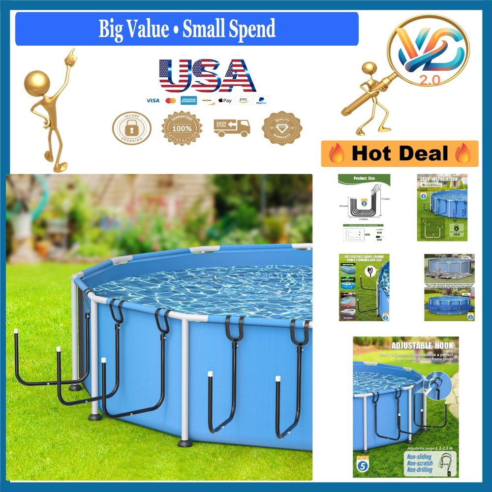 5 Pack Solar Pool Cover Holders Adjustable Hooks for Framed Above Ground Pool...