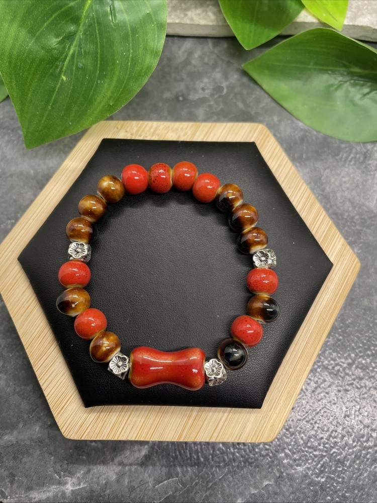 Handmade Ceramic Bead Beaded Stackable 6” Plus Stretch Bracelet New B295