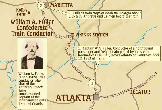 Great Locomotive Chase. The General. Georgia Railroad. Civil War Historical Map