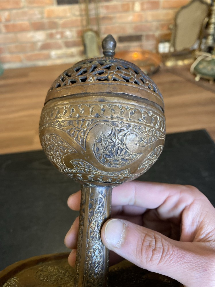 Antique Vintage Middle Eastern Hand Hammered Etched Copper Bronze Incense Burner