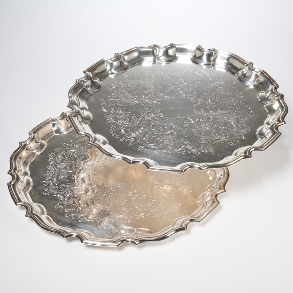 Two (2) Vtg Towle Silver Plated Serving Trays with Fluted Edge Floral Engraving