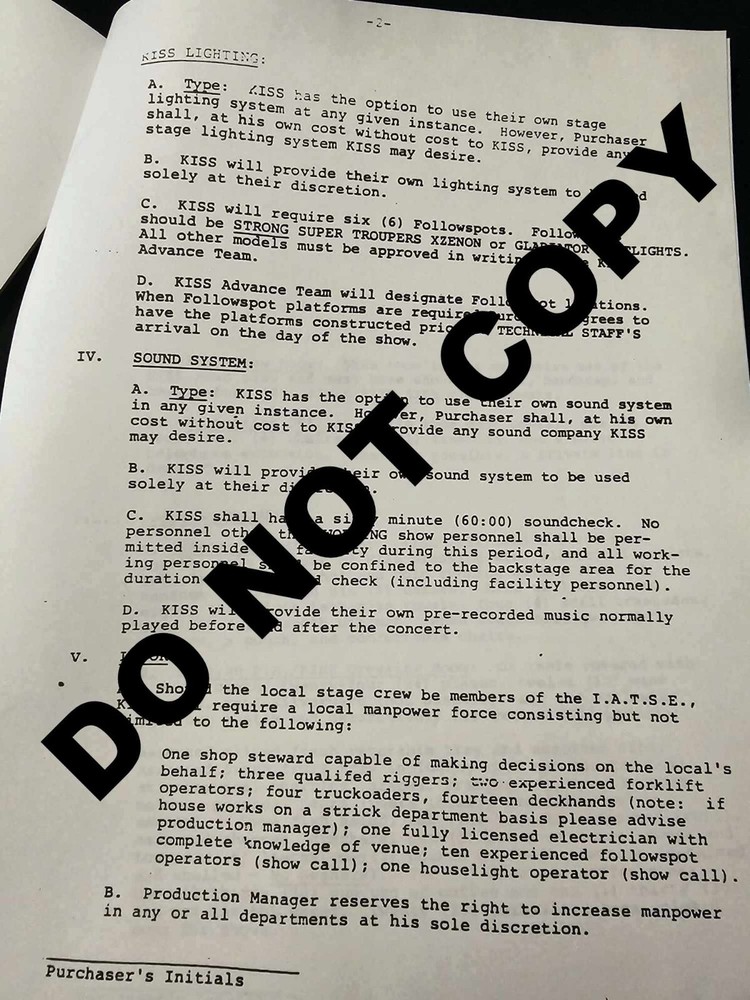 KISS Contract Rider 1982/83 PHOTOCOPY