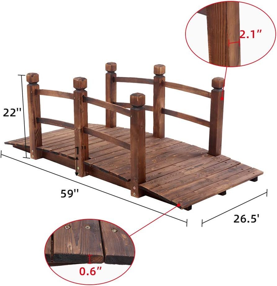 5 ft Garden Wooden Bridge Arch Stained Finish w/Safety Rails Outdoor Footbridge