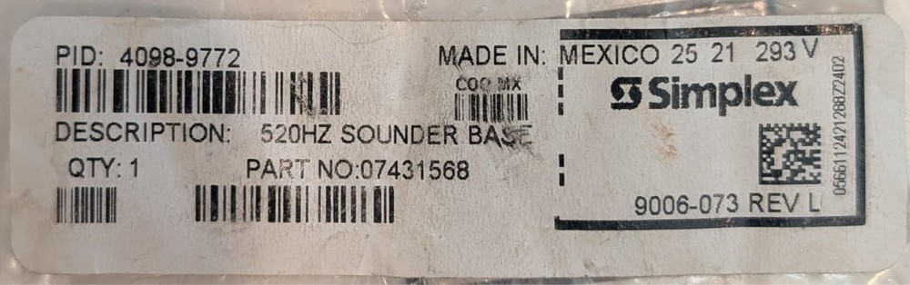 Simplex 4098-9772 - 520HZ Sounder Base - SAME DAY SHIPPING
