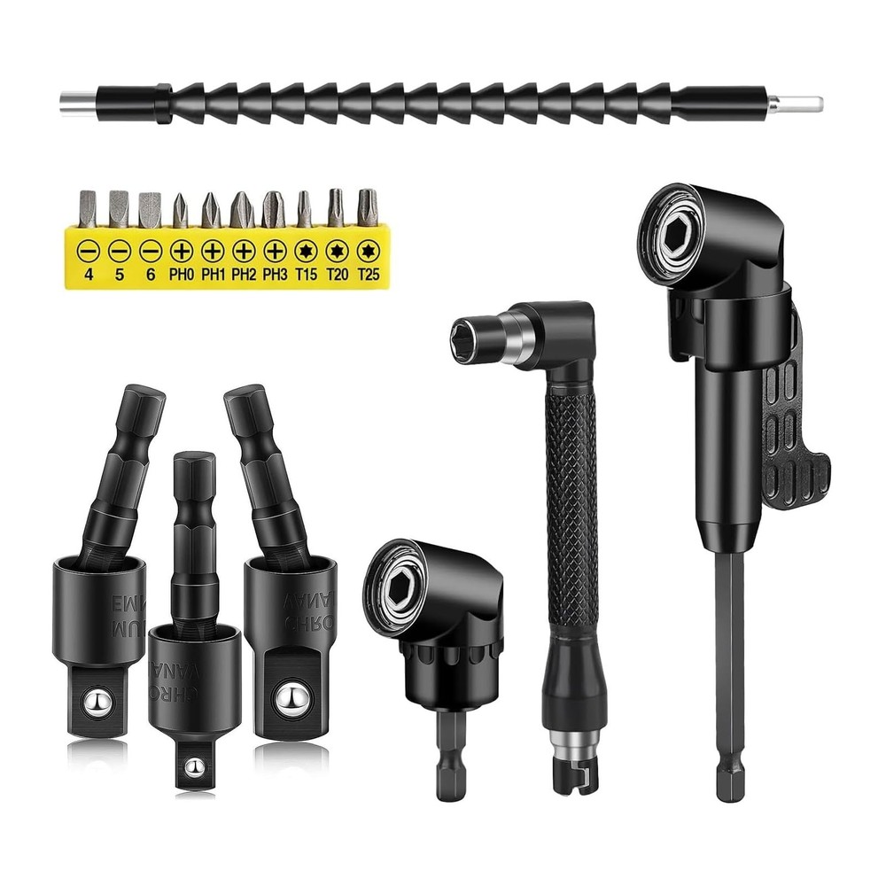 17Pcs Drill Bit Extension, Include 2Pcs 105°Right Angle Electric Drill Adap