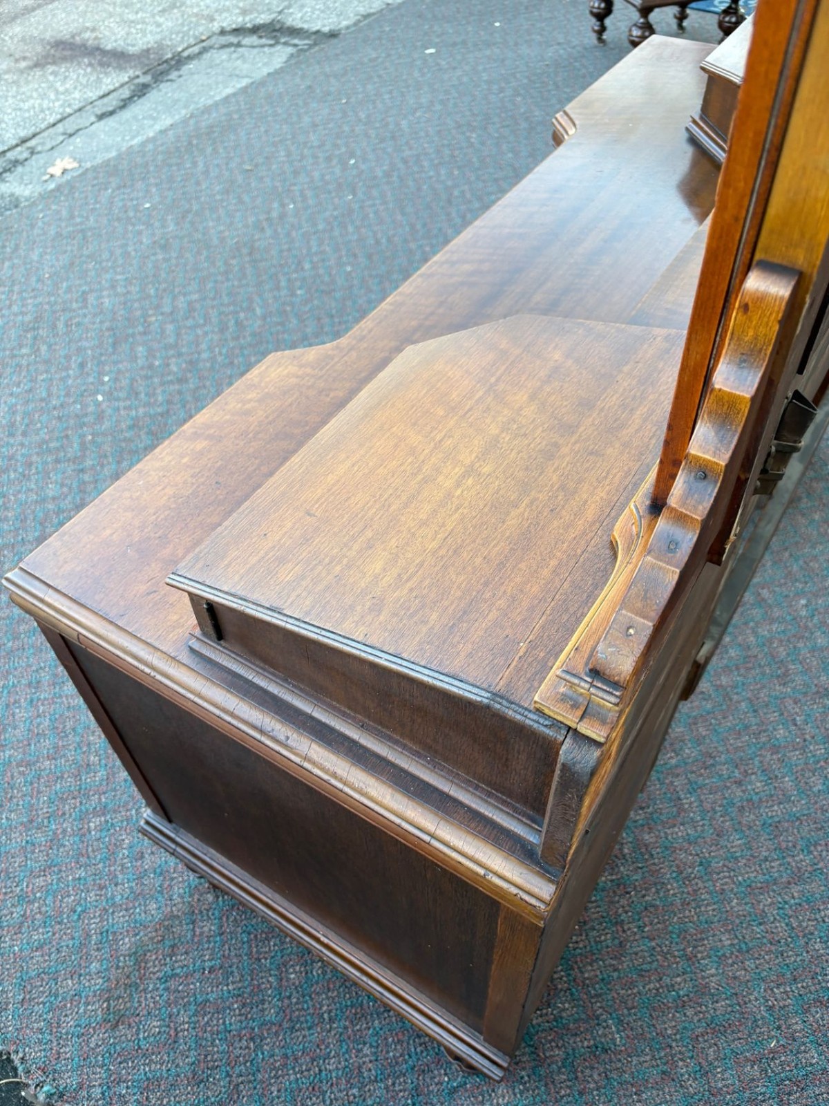 67476 Antique Walnut Vanity with Mirror, Ornate Carving and Drawers