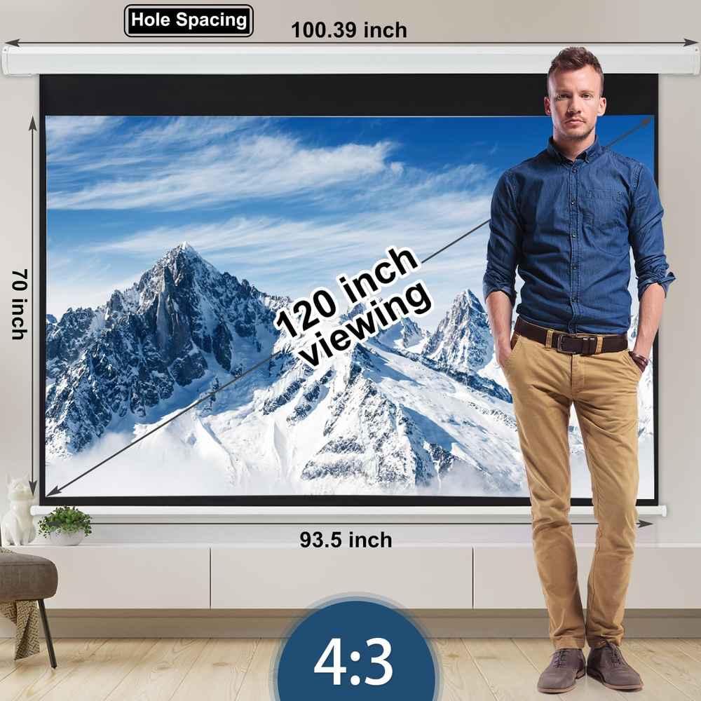 120" Projector Screen 4:3 HD Wall Mounted Retractable Electric Projector Screen