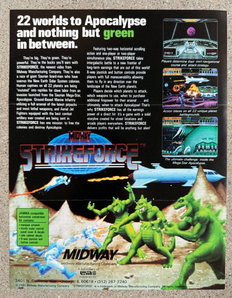 Strikeforce Original Video Arcade Flyer | 1991 Midway | Good Condition